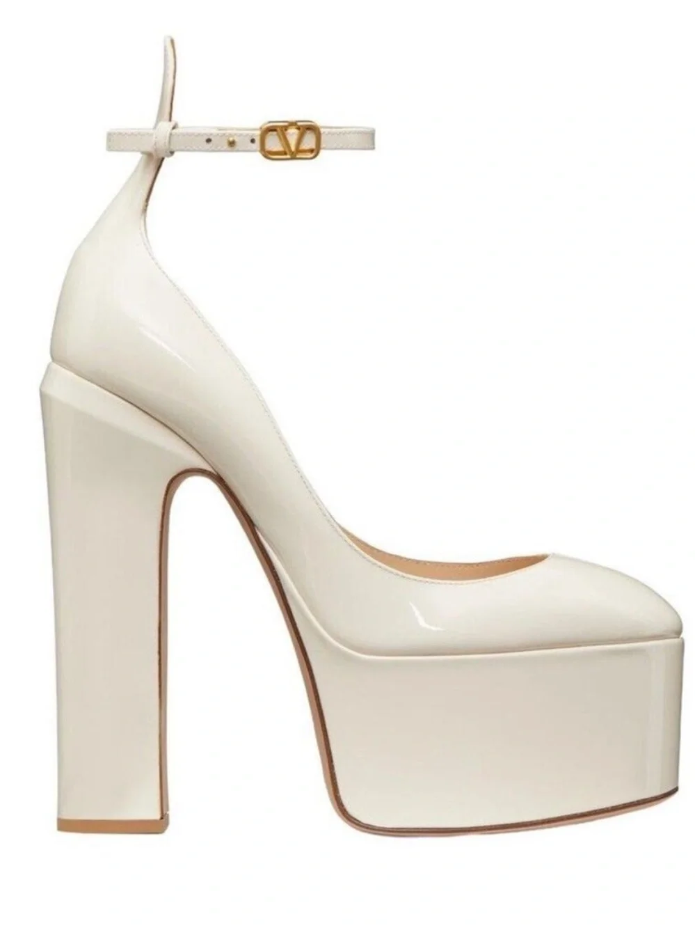 Valentino Ivory Patent Leather Tan-Go Platform Ankle Strap Pump Size 36.5